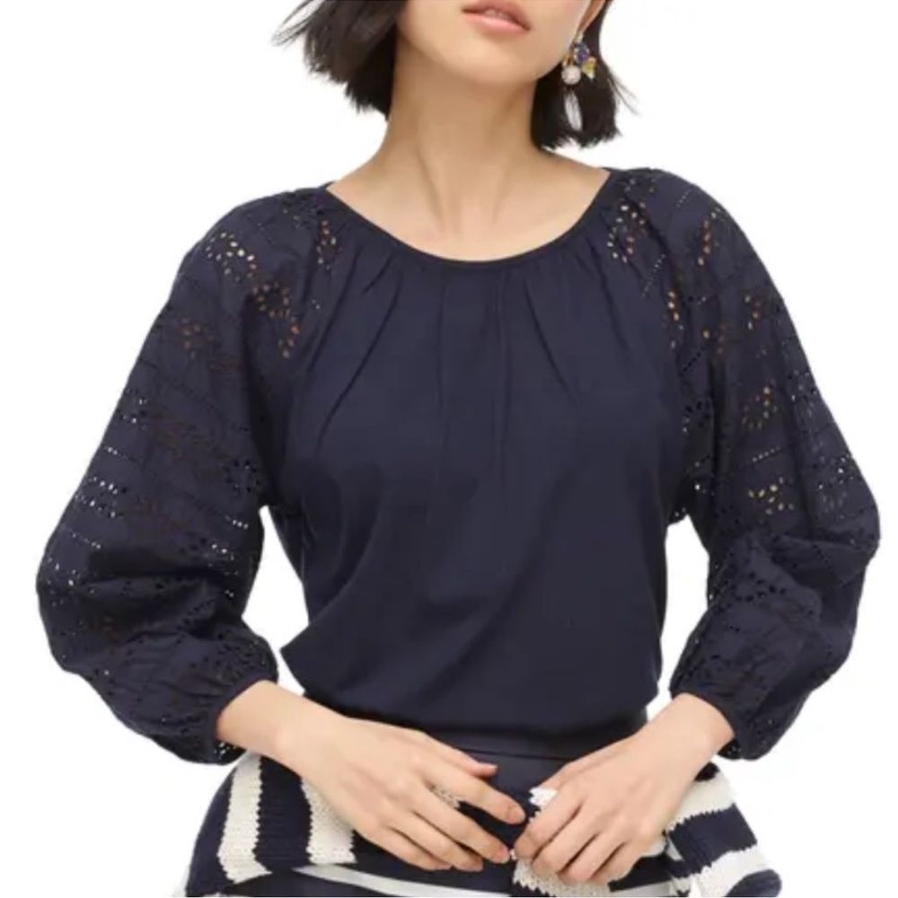 J. Crew Navy Bubble Eyelet Long Sleeve Blouse Size Medium